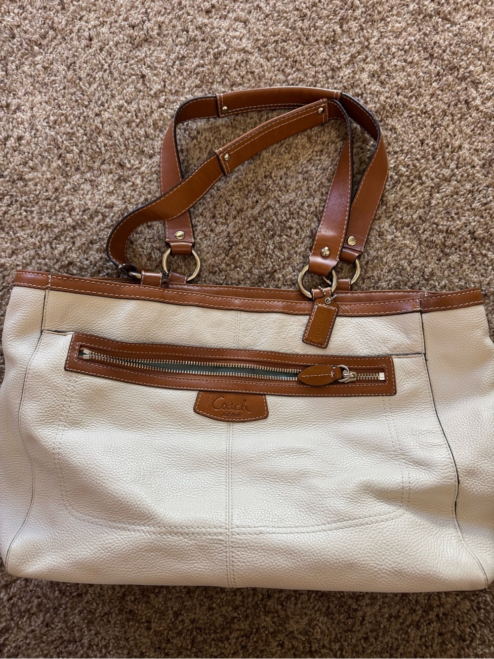 Coach Penelope Large Shopper Tote Cream White Pebbled Leather Brown Trim F14684